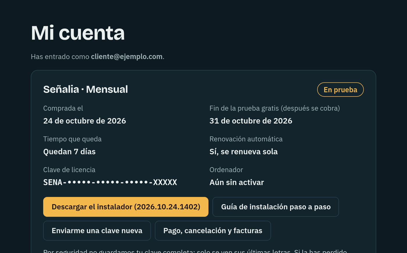 Mi cuenta en la web: el plan, la clave y el botón de descarga del instalador.