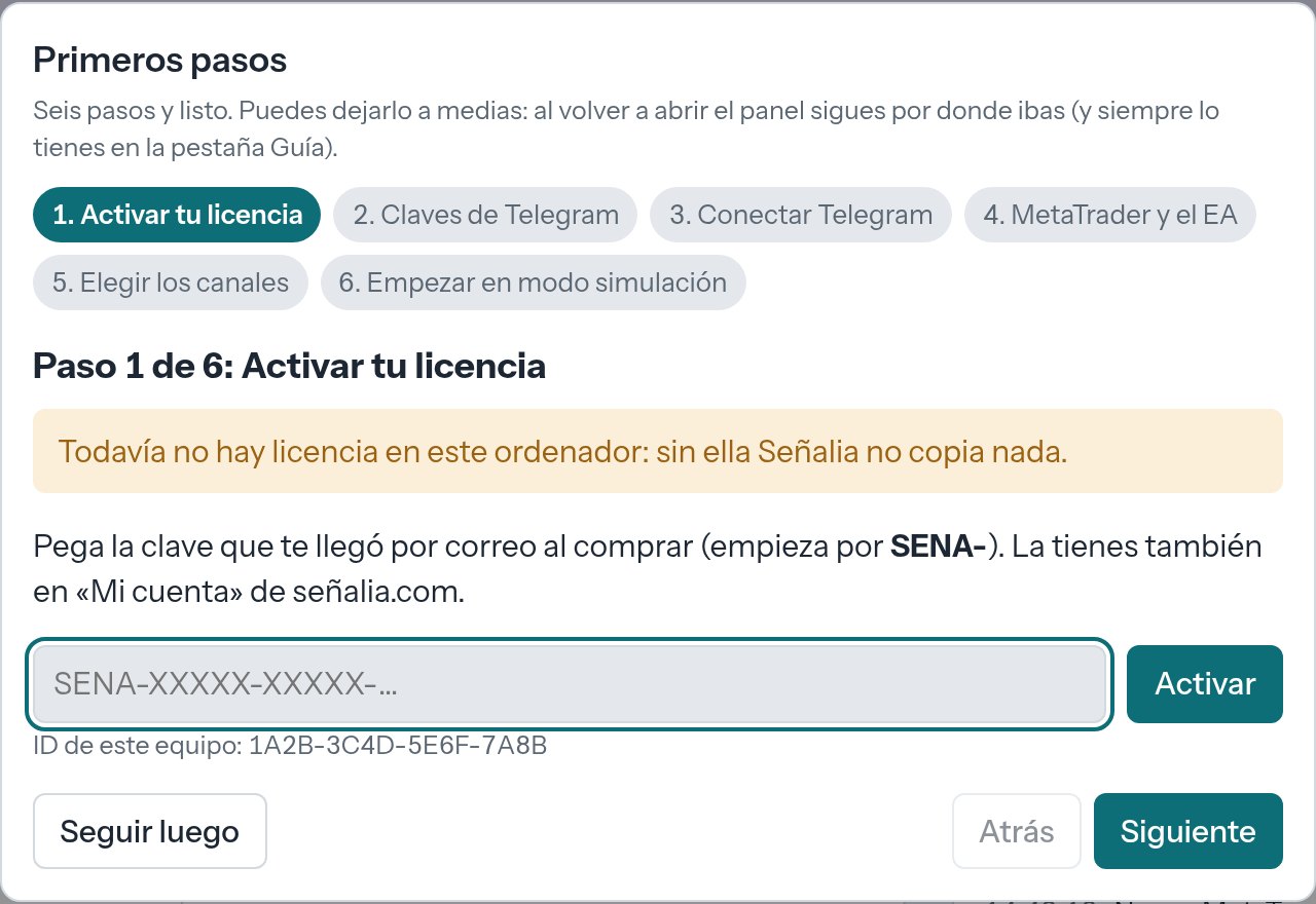 El asistente de primeros pasos con los seis pasos arriba y el paso de la clave de licencia.
